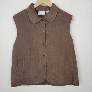 Alfred Dunner Quilted Faux Suede Vest Womens 16P Brown Cozy Cabin Outdoorsy